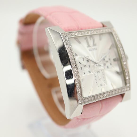Guess X Elle Silver Tone Square Date Date 28mm Watch Y2K Gem Bezel Pink Leather - Picture 9 of 16